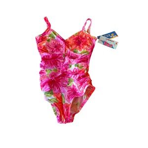 Gabar Swimsuit Pink Multi Long Torso Floral Ruched One Piece G6365 16L NEW